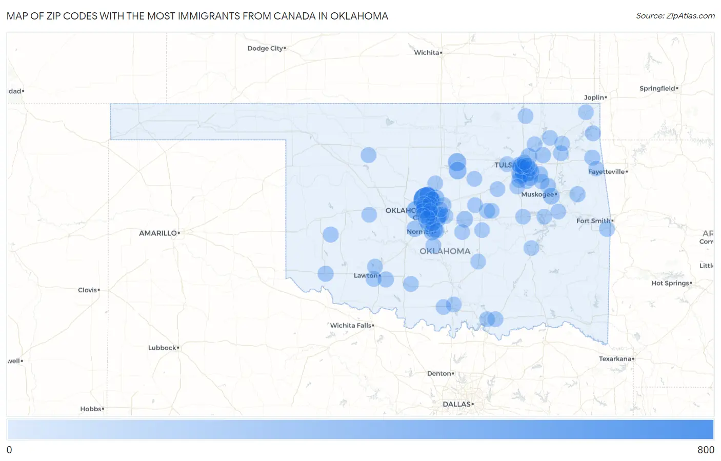 Zip Codes with the Most Immigrants from Canada in Oklahoma Map