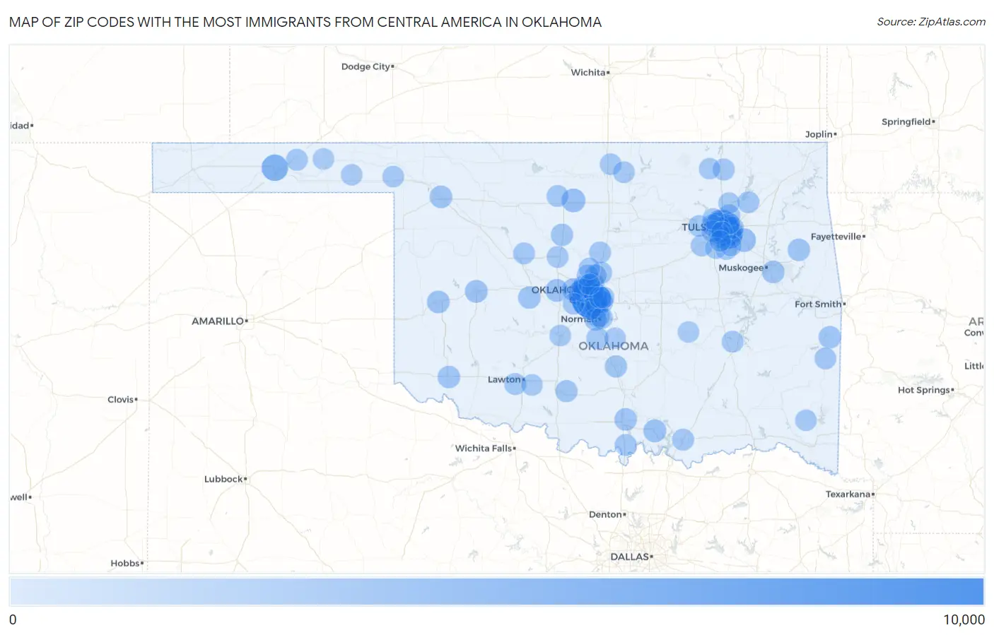 Zip Codes with the Most Immigrants from Central America in Oklahoma Map