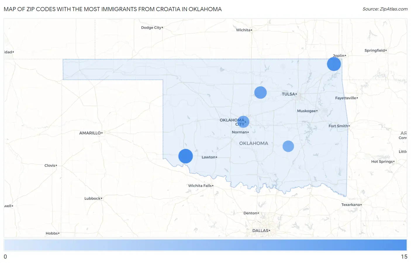 Zip Codes with the Most Immigrants from Croatia in Oklahoma Map