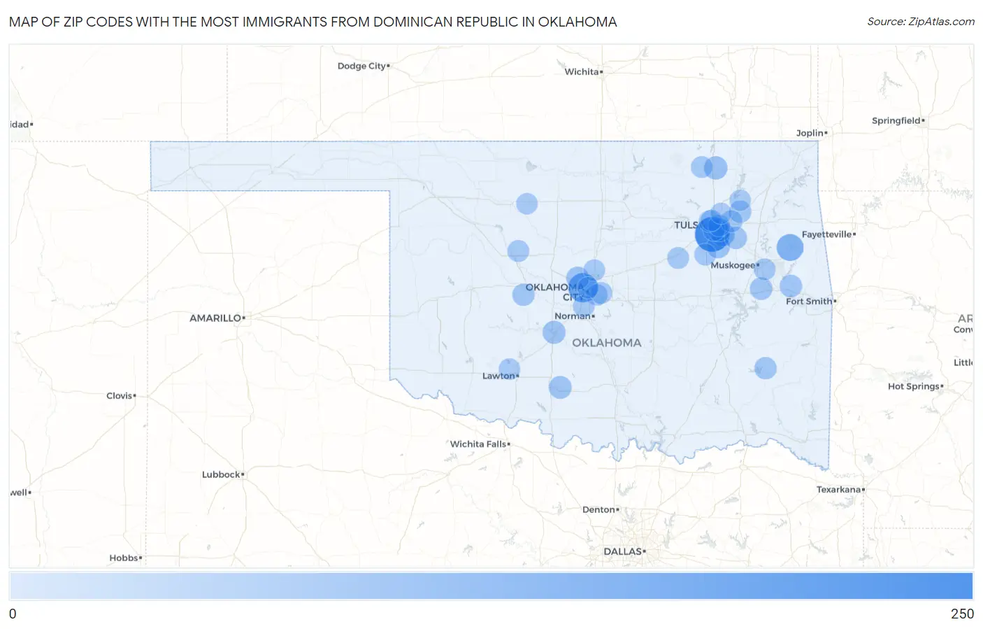Zip Codes with the Most Immigrants from Dominican Republic in Oklahoma Map