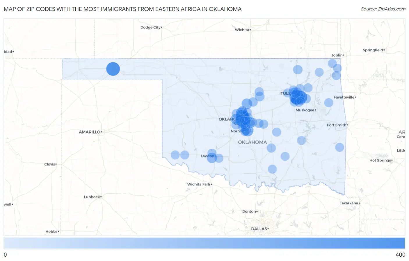Zip Codes with the Most Immigrants from Eastern Africa in Oklahoma Map