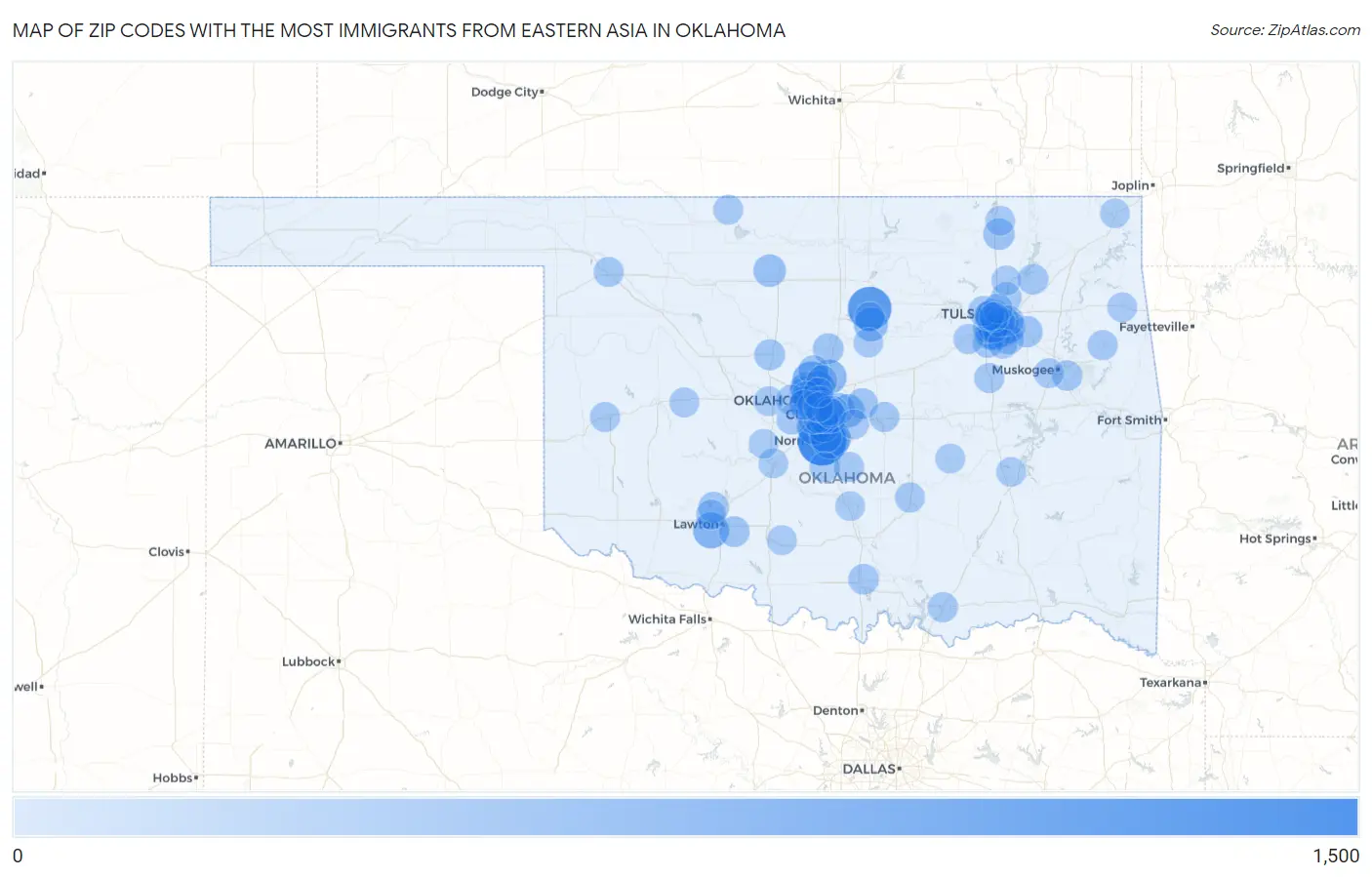Zip Codes with the Most Immigrants from Eastern Asia in Oklahoma Map