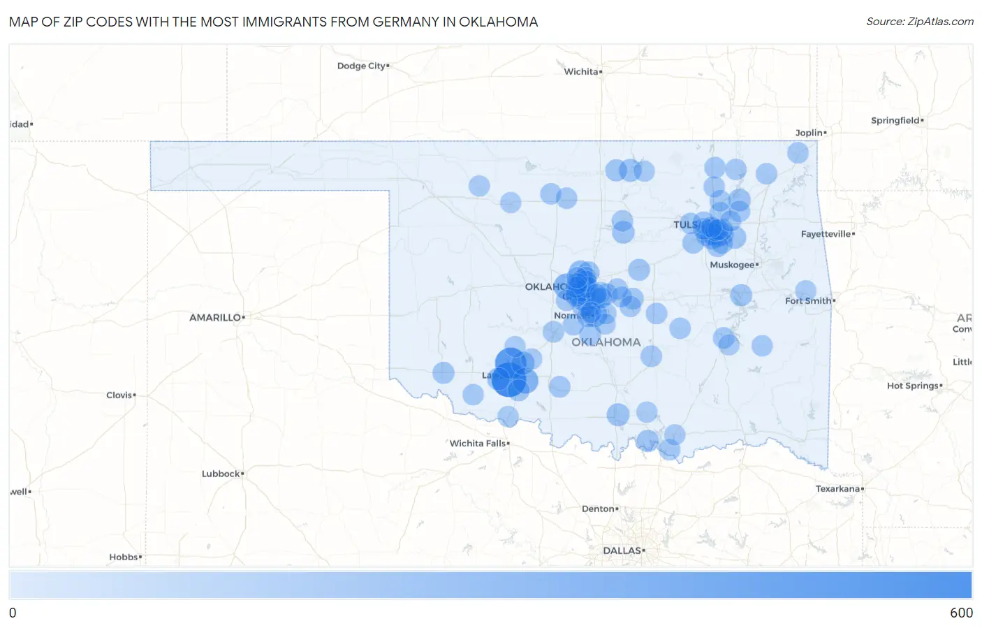 Zip Codes with the Most Immigrants from Germany in Oklahoma Map