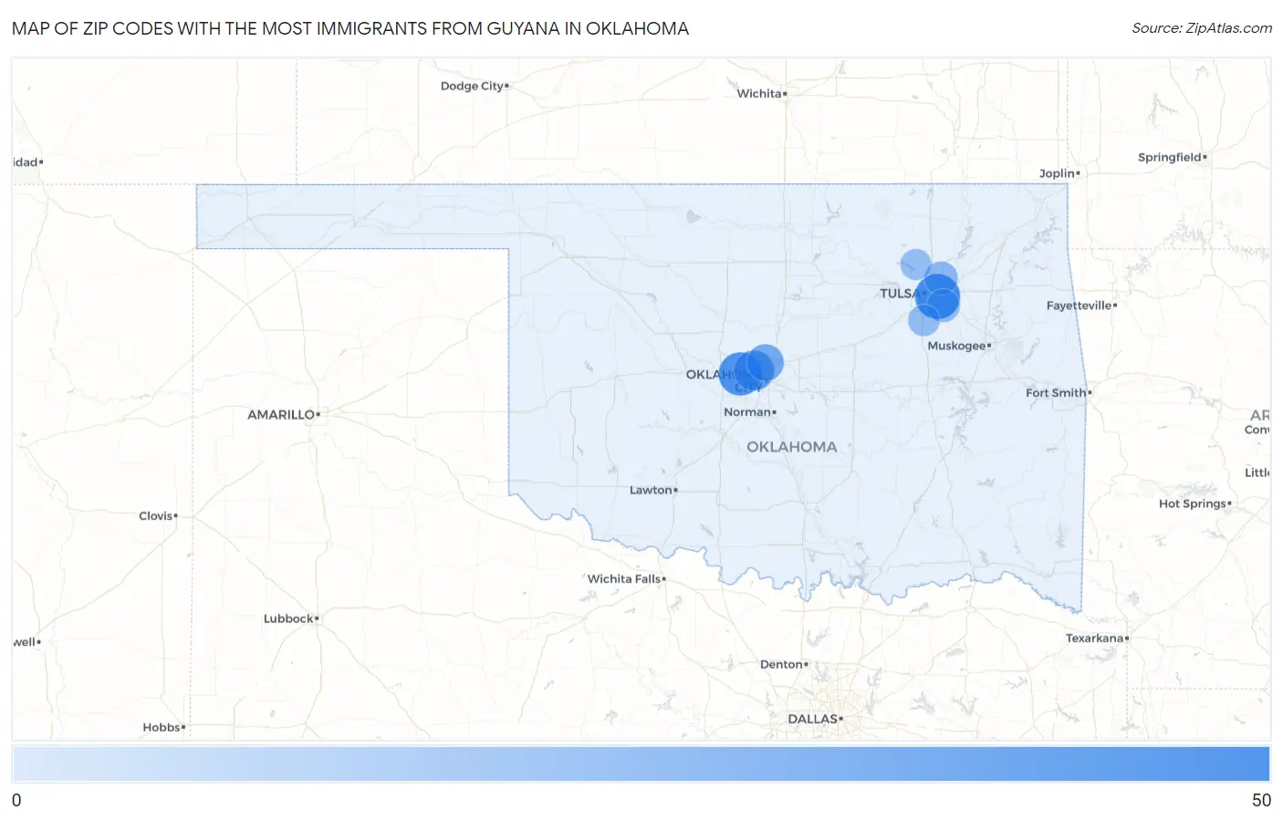 Zip Codes with the Most Immigrants from Guyana in Oklahoma Map