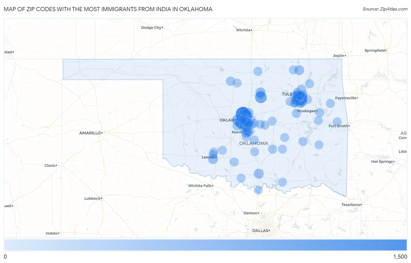 Zip Codes with the Most Immigrants from India in Oklahoma Map