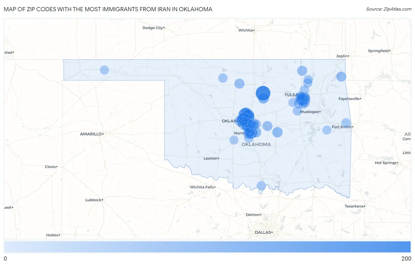 Zip Codes with the Most Immigrants from Iran in Oklahoma Map