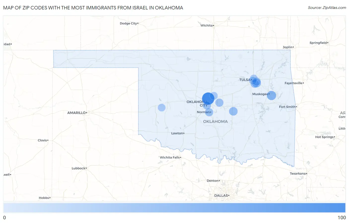 Zip Codes with the Most Immigrants from Israel in Oklahoma Map