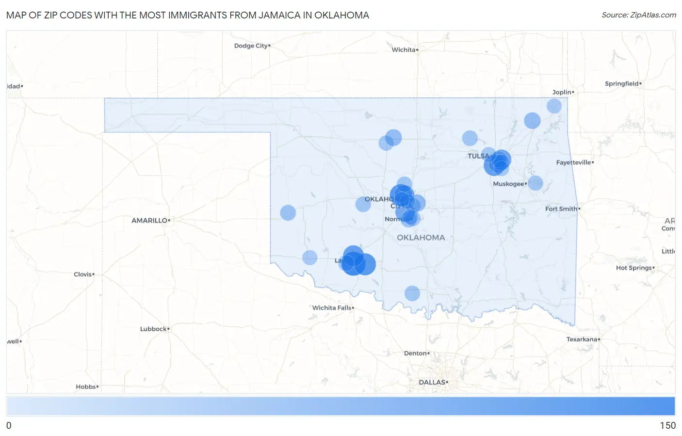 Zip Codes with the Most Immigrants from Jamaica in Oklahoma Map