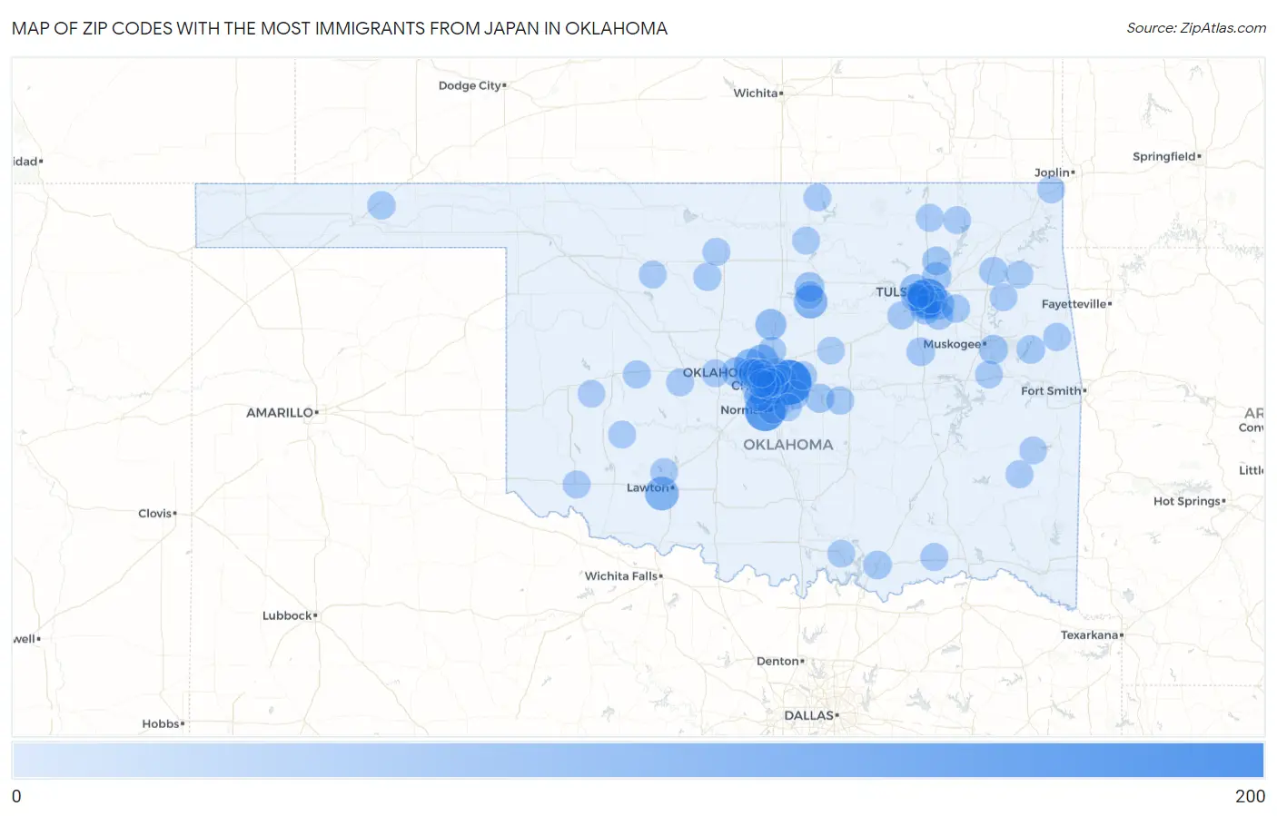 Zip Codes with the Most Immigrants from Japan in Oklahoma Map