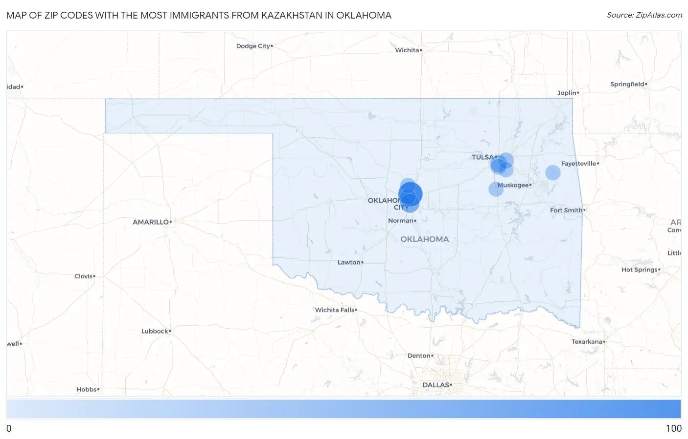 Zip Codes with the Most Immigrants from Kazakhstan in Oklahoma Map