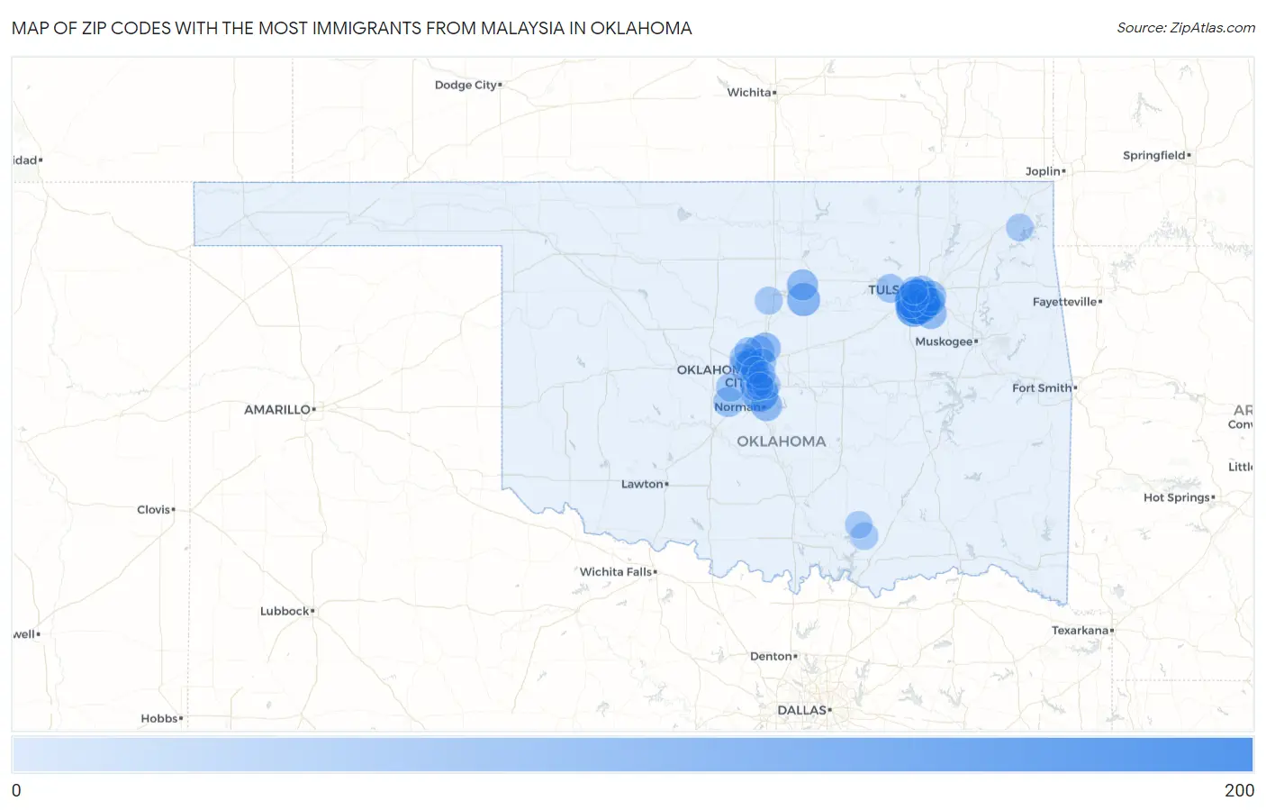Zip Codes with the Most Immigrants from Malaysia in Oklahoma Map