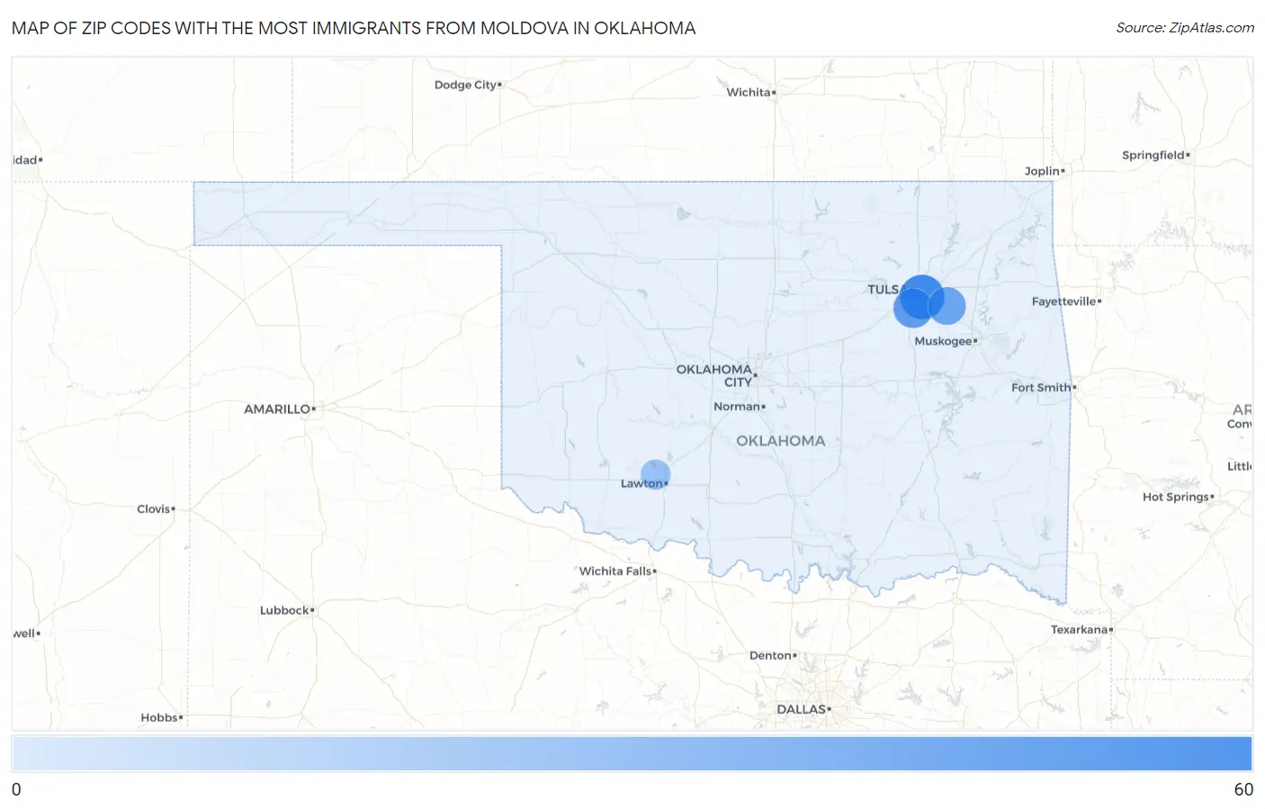 Zip Codes with the Most Immigrants from Moldova in Oklahoma Map