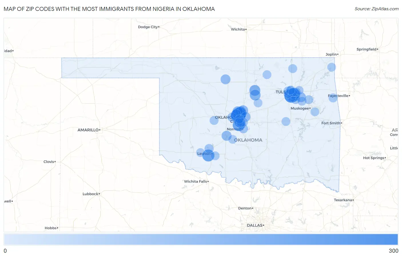 Zip Codes with the Most Immigrants from Nigeria in Oklahoma Map