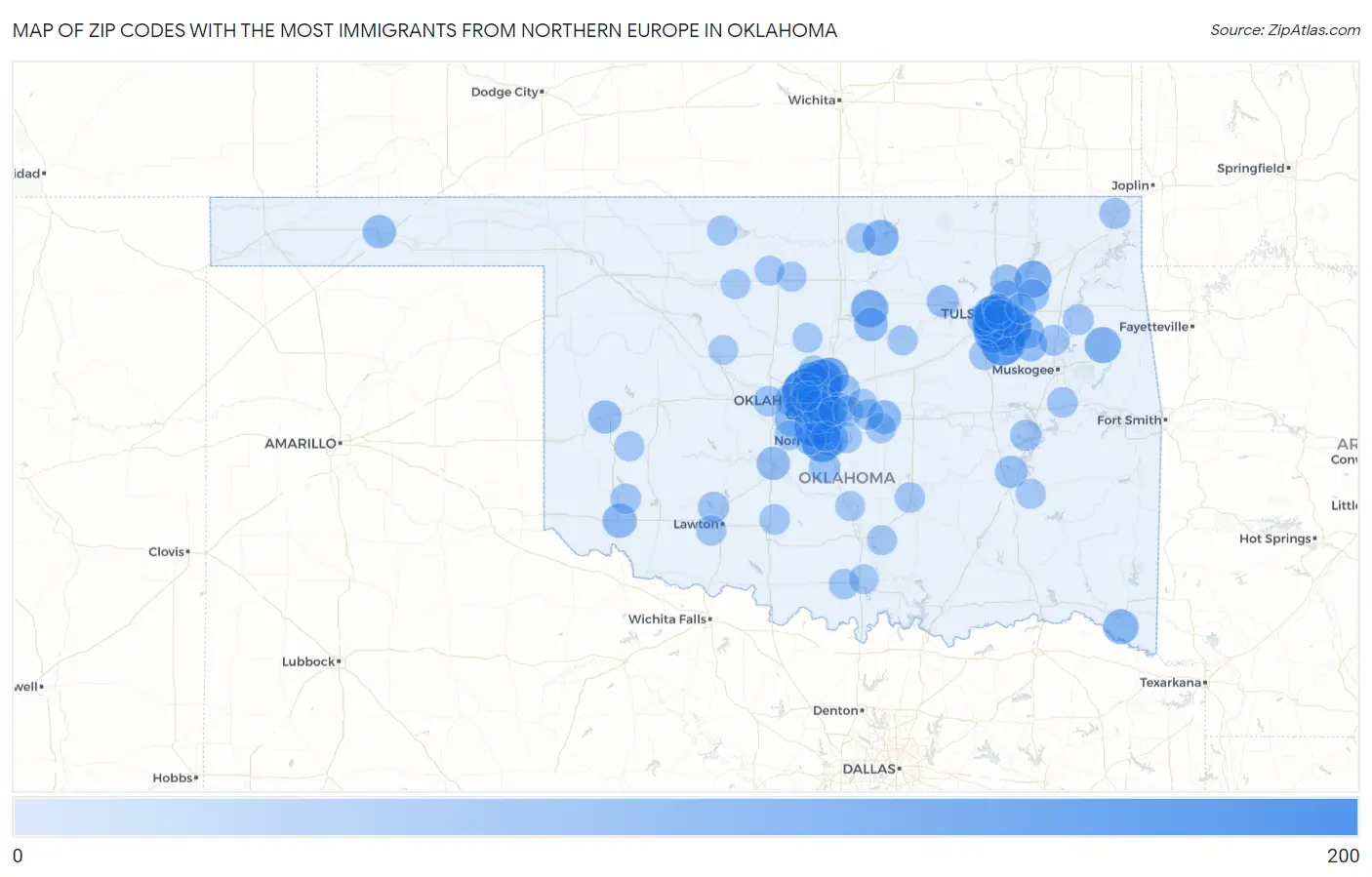 Zip Codes with the Most Immigrants from Northern Europe in Oklahoma Map