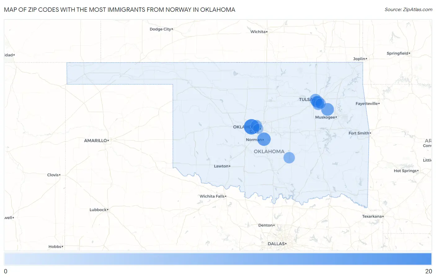 Zip Codes with the Most Immigrants from Norway in Oklahoma Map