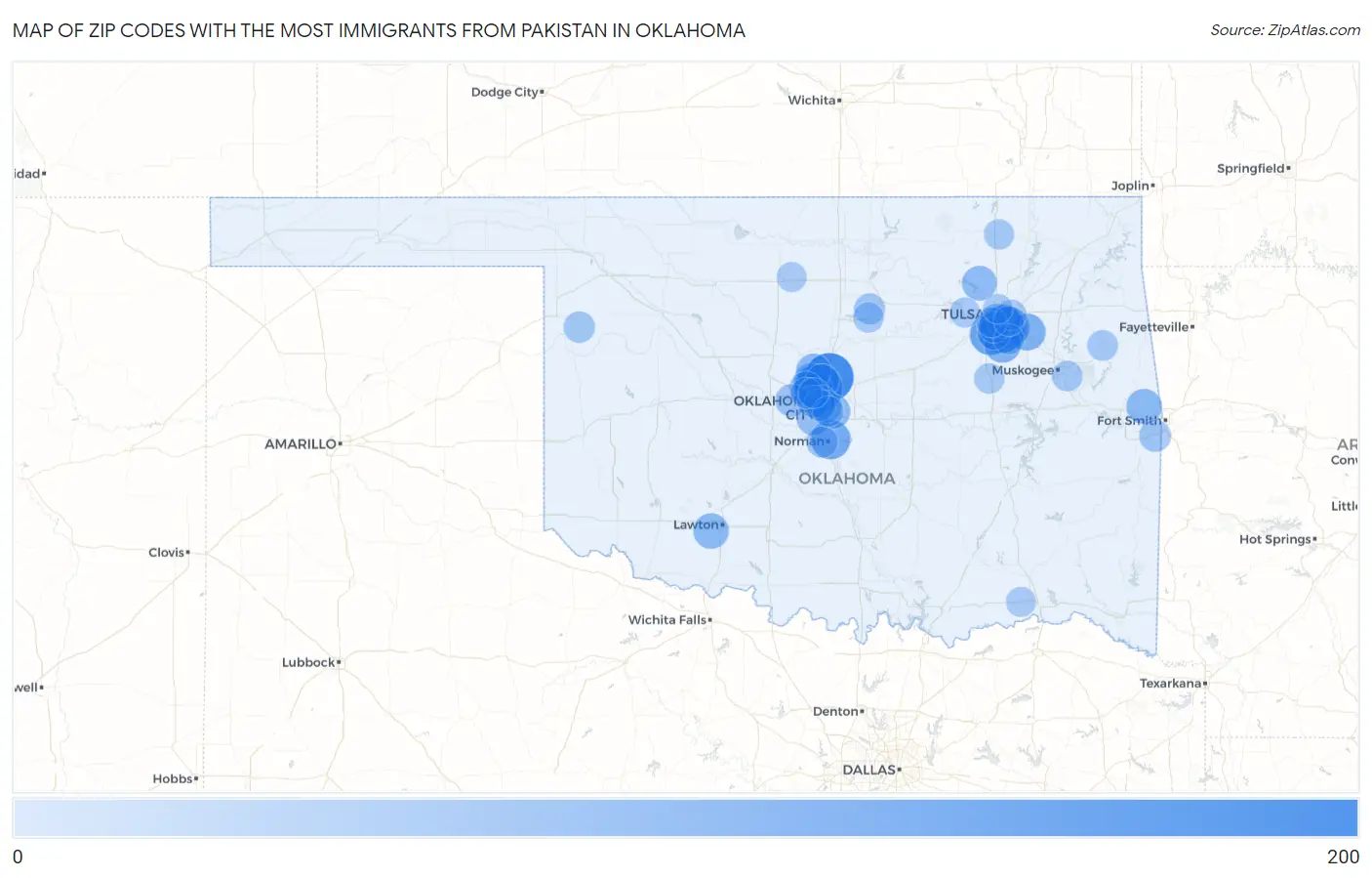 Zip Codes with the Most Immigrants from Pakistan in Oklahoma Map