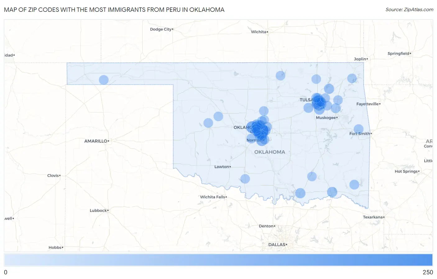 Zip Codes with the Most Immigrants from Peru in Oklahoma Map