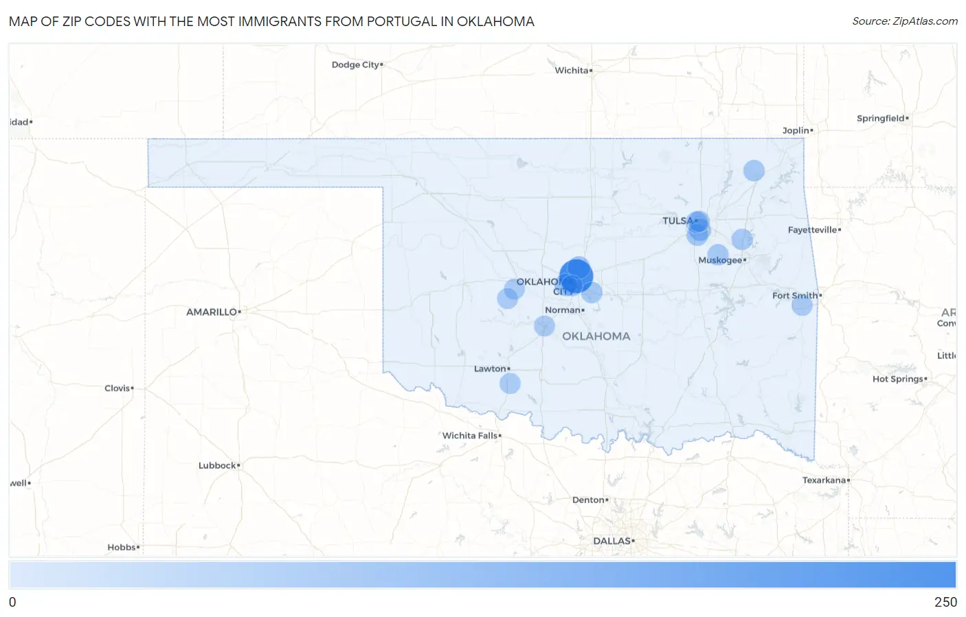 Zip Codes with the Most Immigrants from Portugal in Oklahoma Map