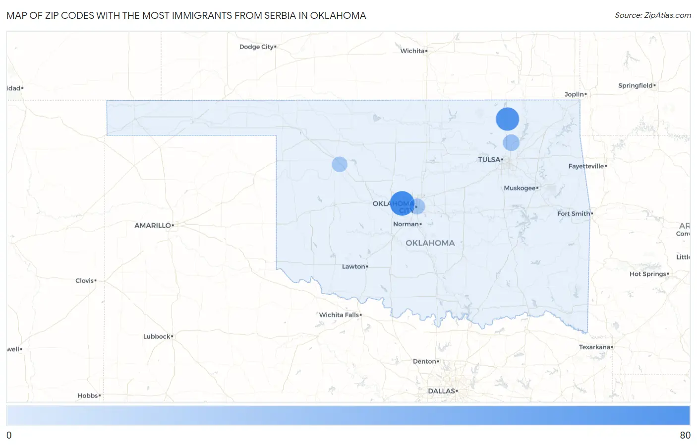 Zip Codes with the Most Immigrants from Serbia in Oklahoma Map