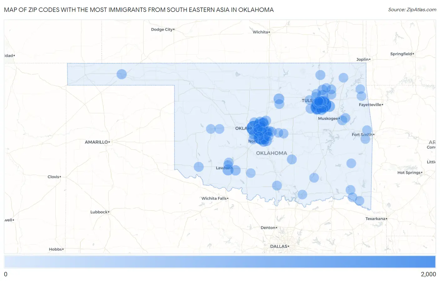 Zip Codes with the Most Immigrants from South Eastern Asia in Oklahoma Map
