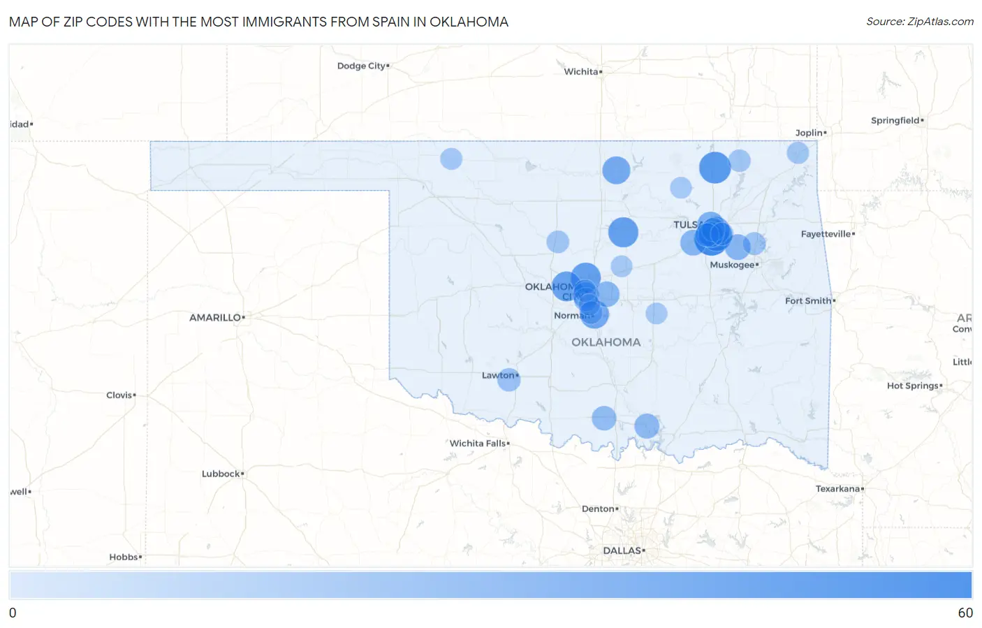 Zip Codes with the Most Immigrants from Spain in Oklahoma Map