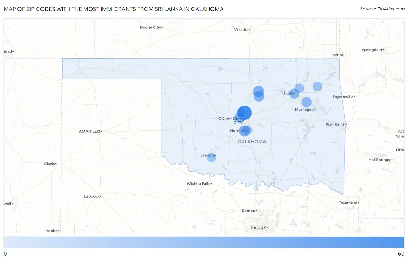 Zip Codes with the Most Immigrants from Sri Lanka in Oklahoma Map