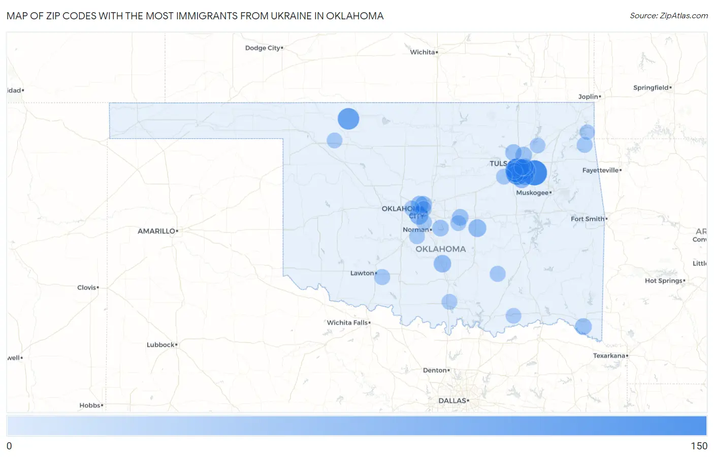 Zip Codes with the Most Immigrants from Ukraine in Oklahoma Map