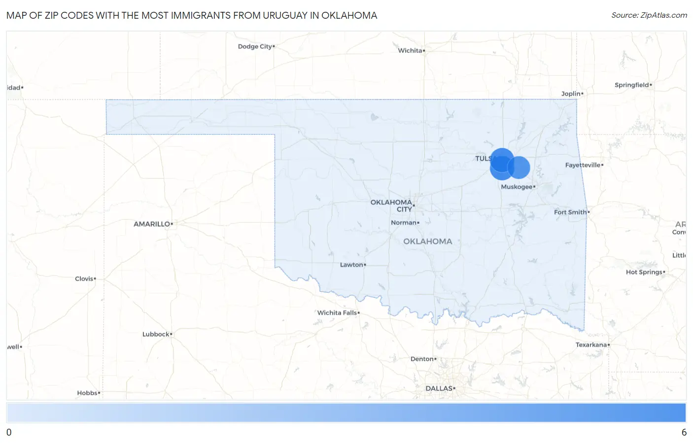 Zip Codes with the Most Immigrants from Uruguay in Oklahoma Map