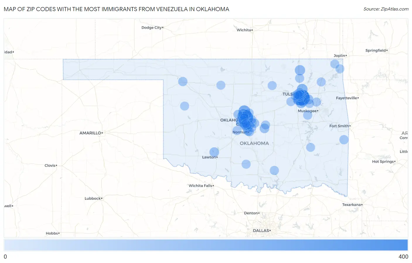 Zip Codes with the Most Immigrants from Venezuela in Oklahoma Map