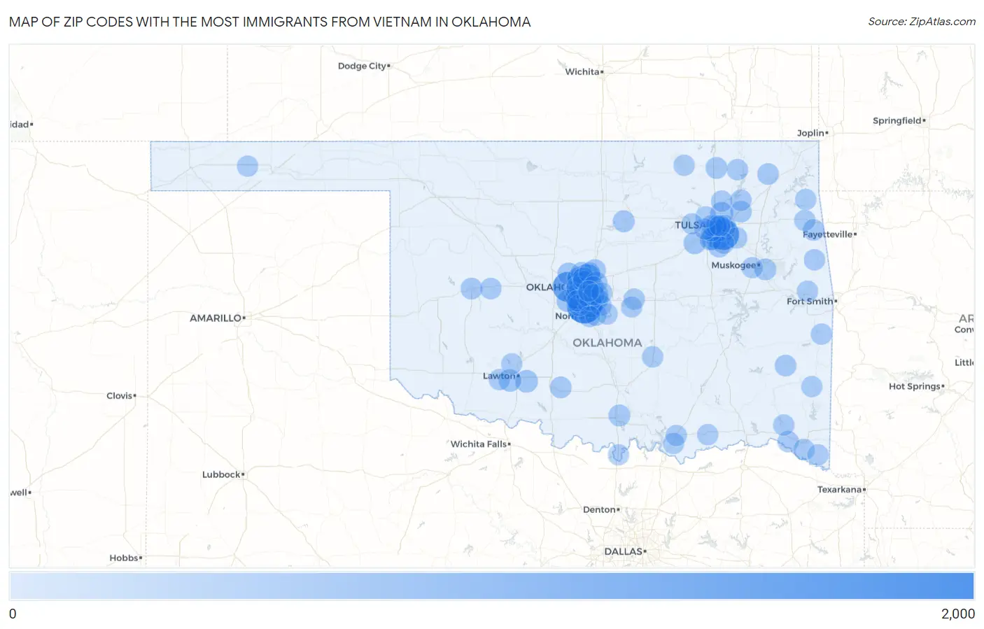 Zip Codes with the Most Immigrants from Vietnam in Oklahoma Map