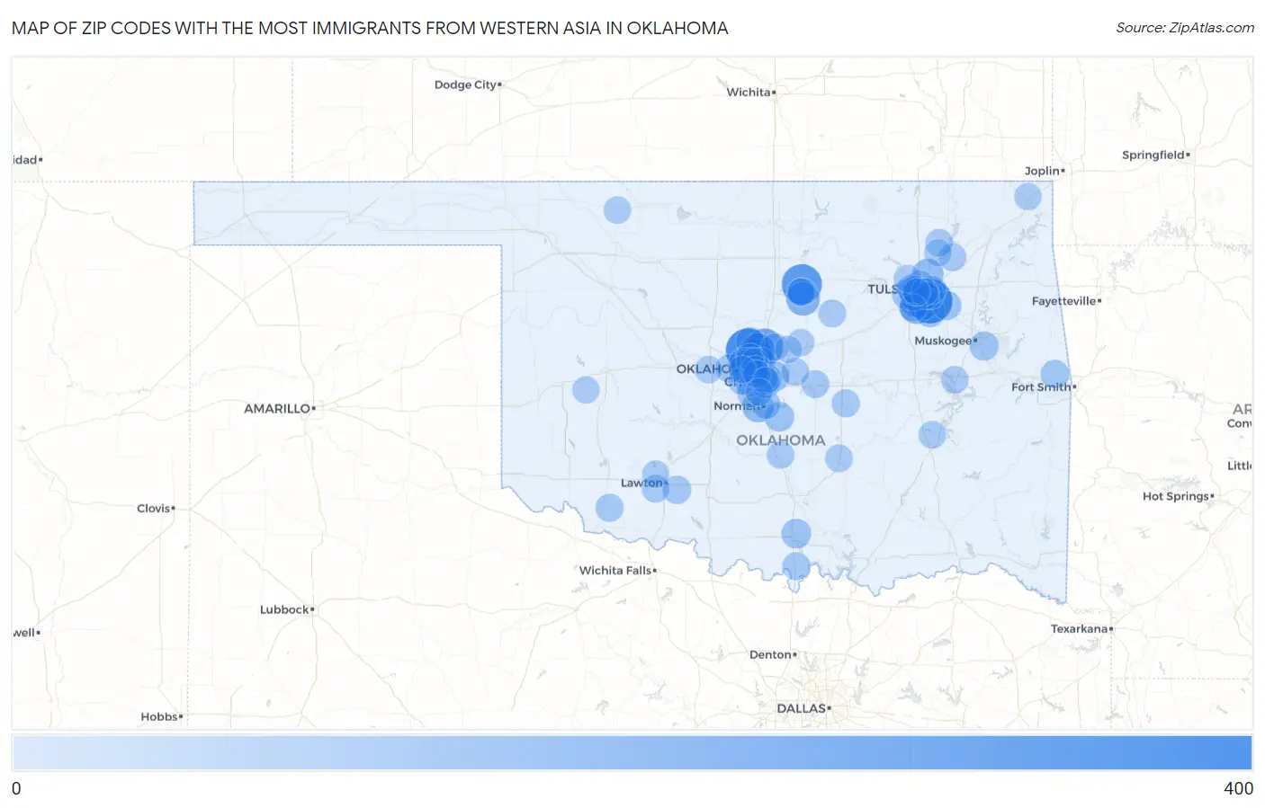 Zip Codes with the Most Immigrants from Western Asia in Oklahoma Map
