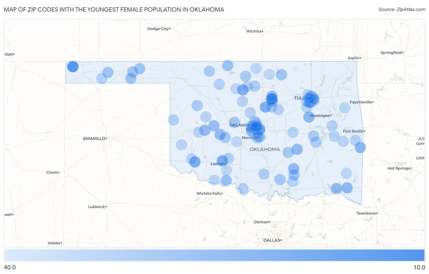 Zip Codes with the Youngest Female Population in Oklahoma Map