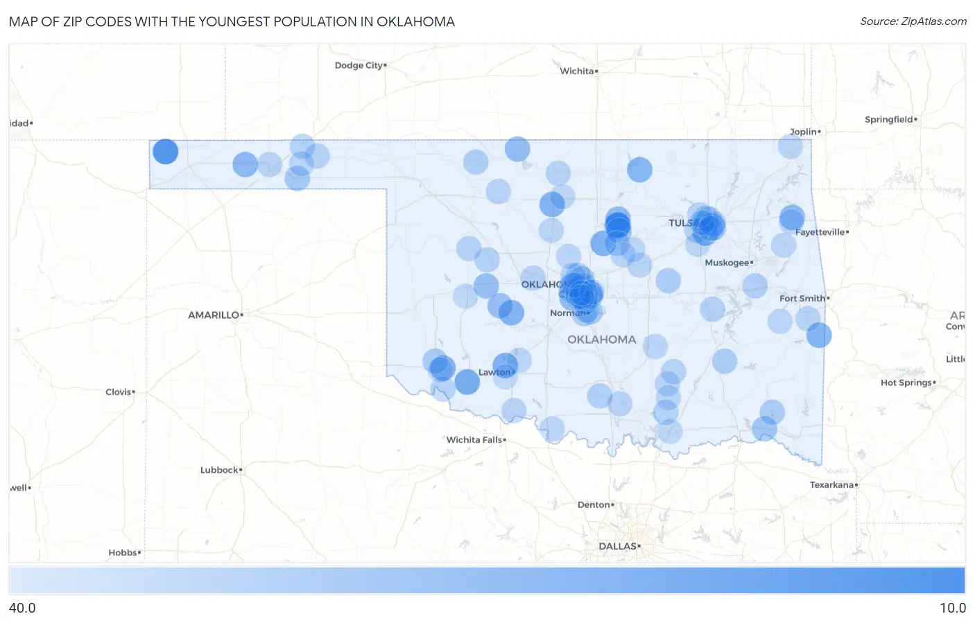 Zip Codes with the Youngest Population in Oklahoma Map