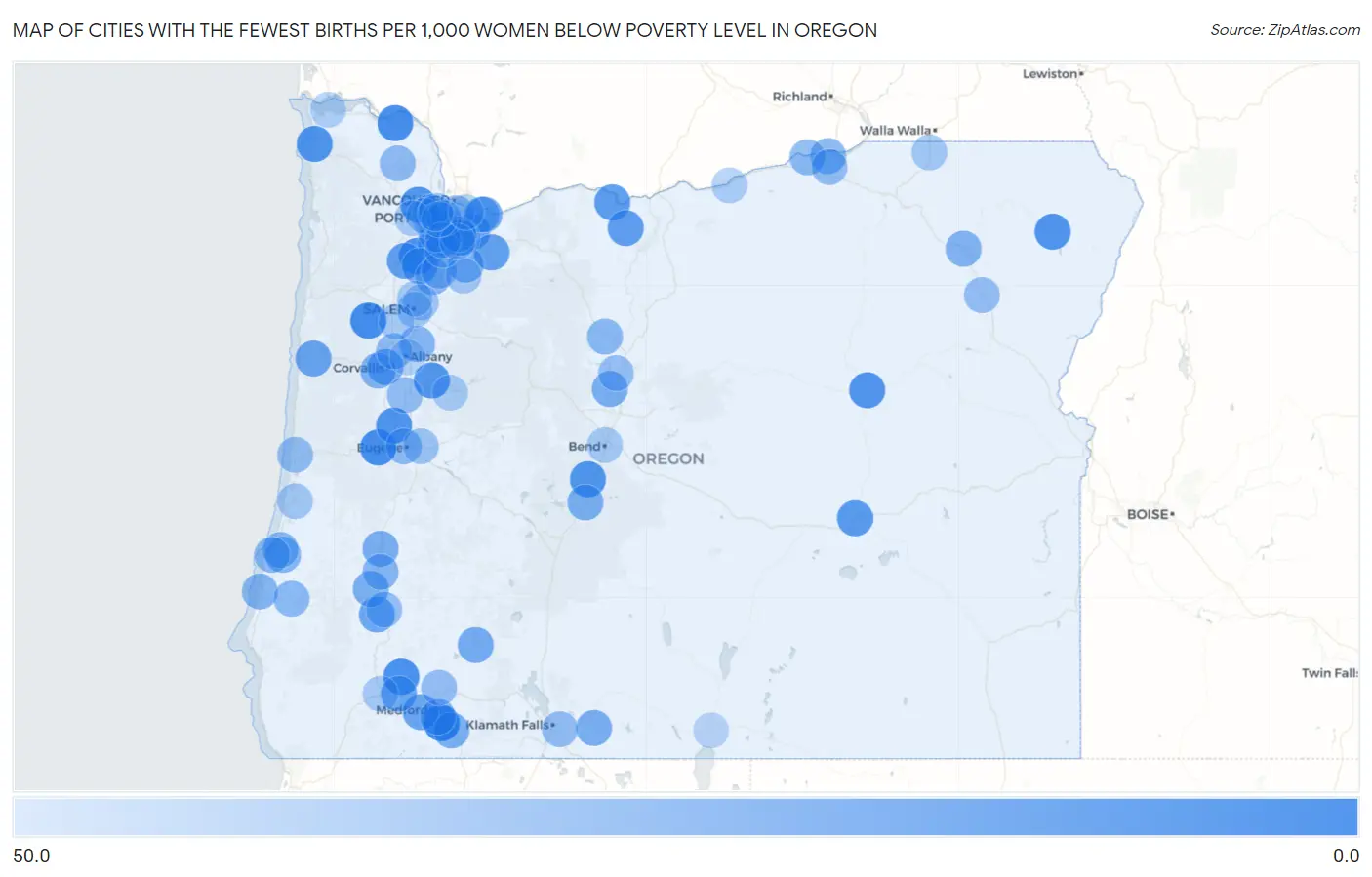 Cities with the Fewest Births per 1,000 Women Below Poverty Level in Oregon Map