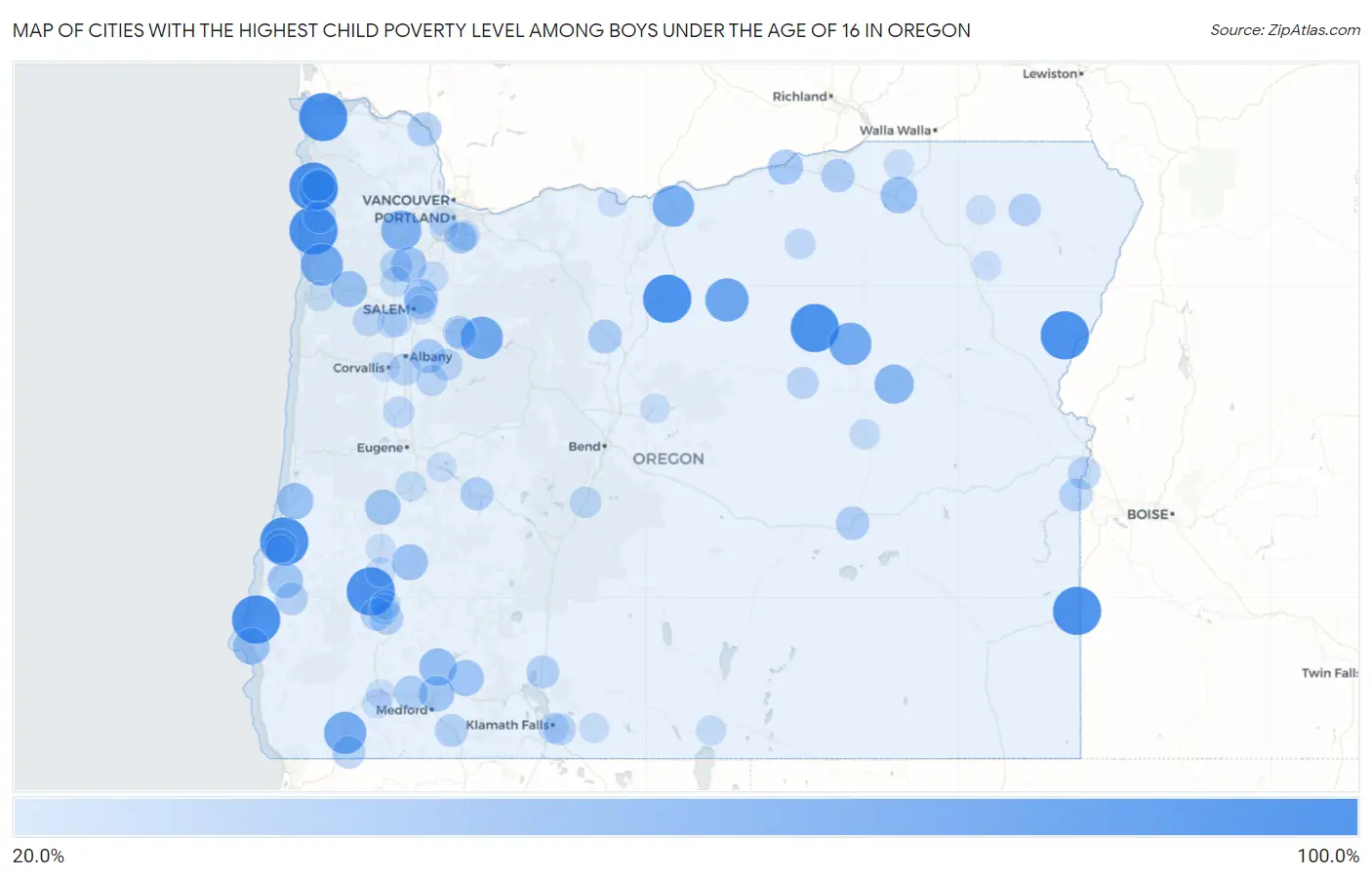 Cities with the Highest Child Poverty Level Among Boys Under the Age of 16 in Oregon Map