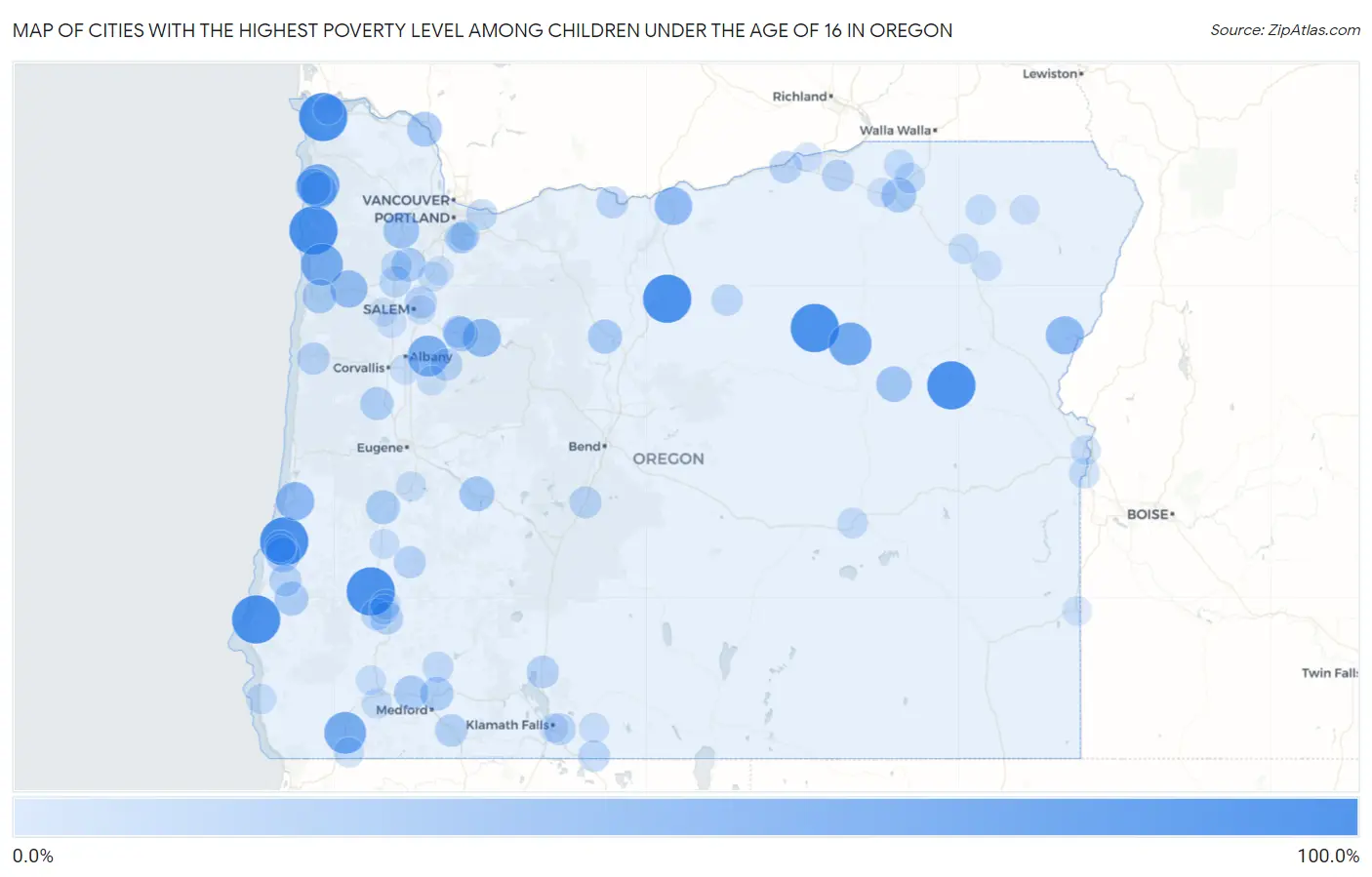 Cities with the Highest Poverty Level Among Children Under the Age of 16 in Oregon Map