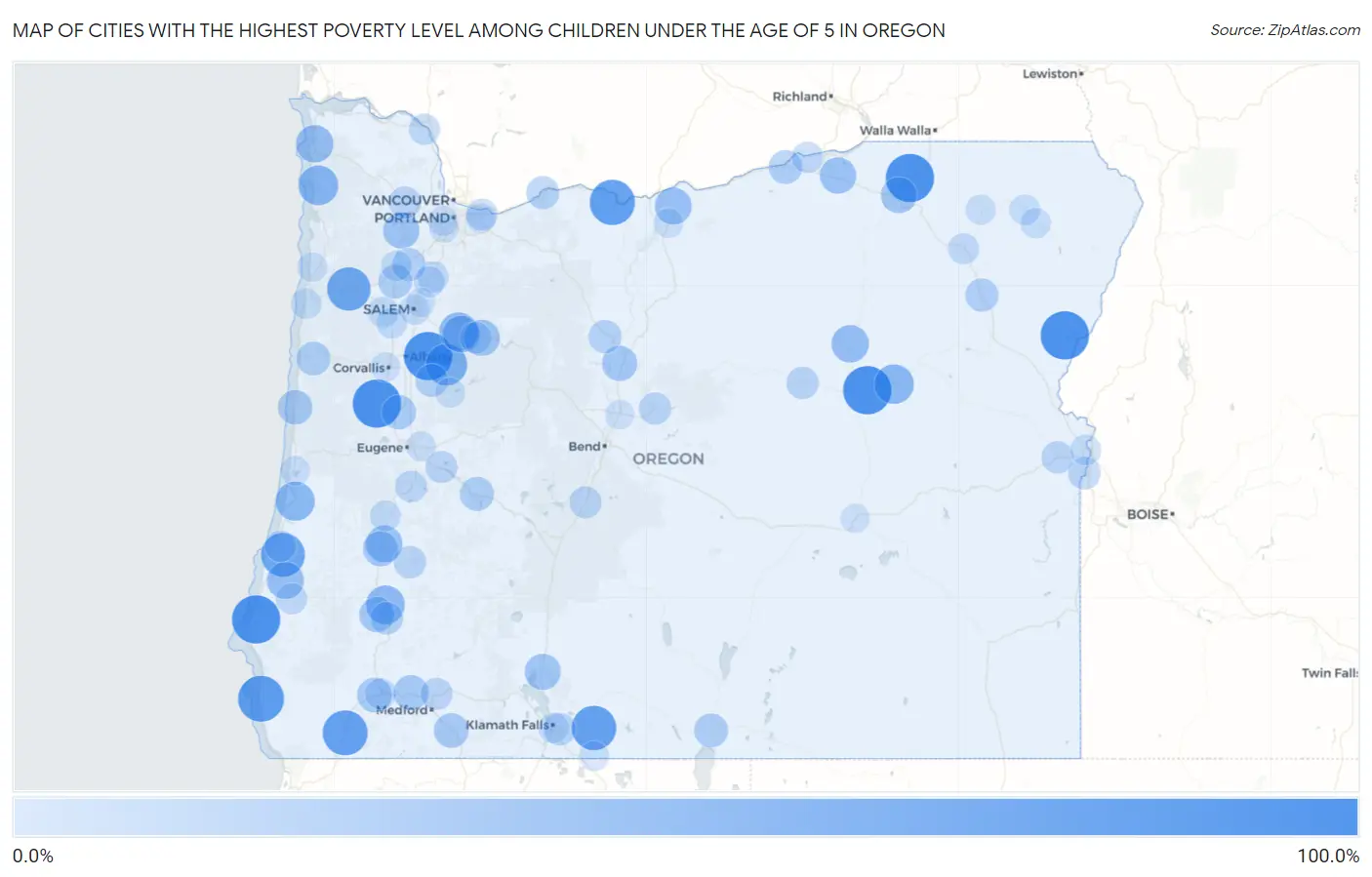 Cities with the Highest Poverty Level Among Children Under the Age of 5 in Oregon Map