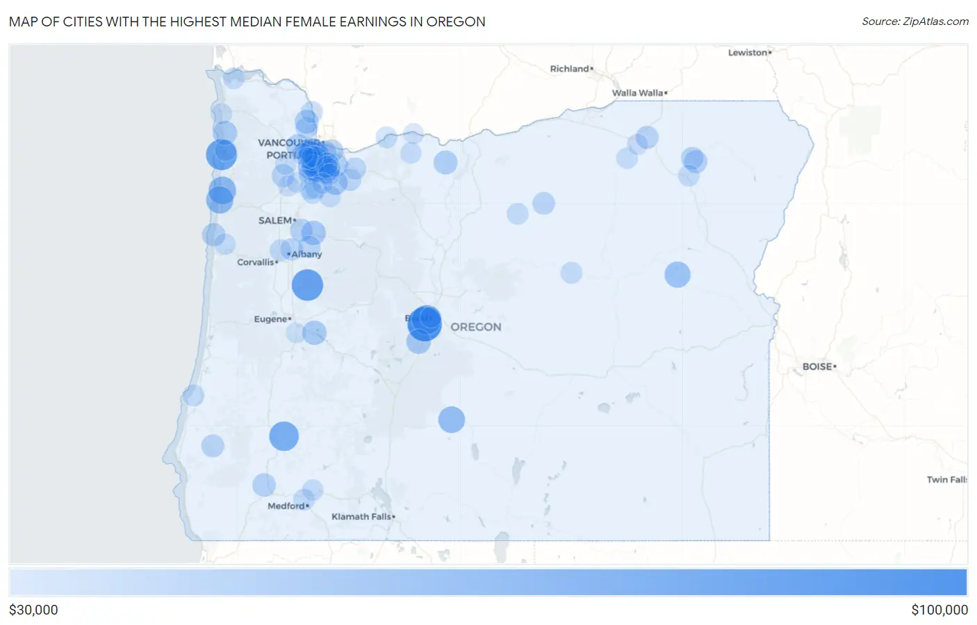 Cities with the Highest Median Female Earnings in Oregon Map