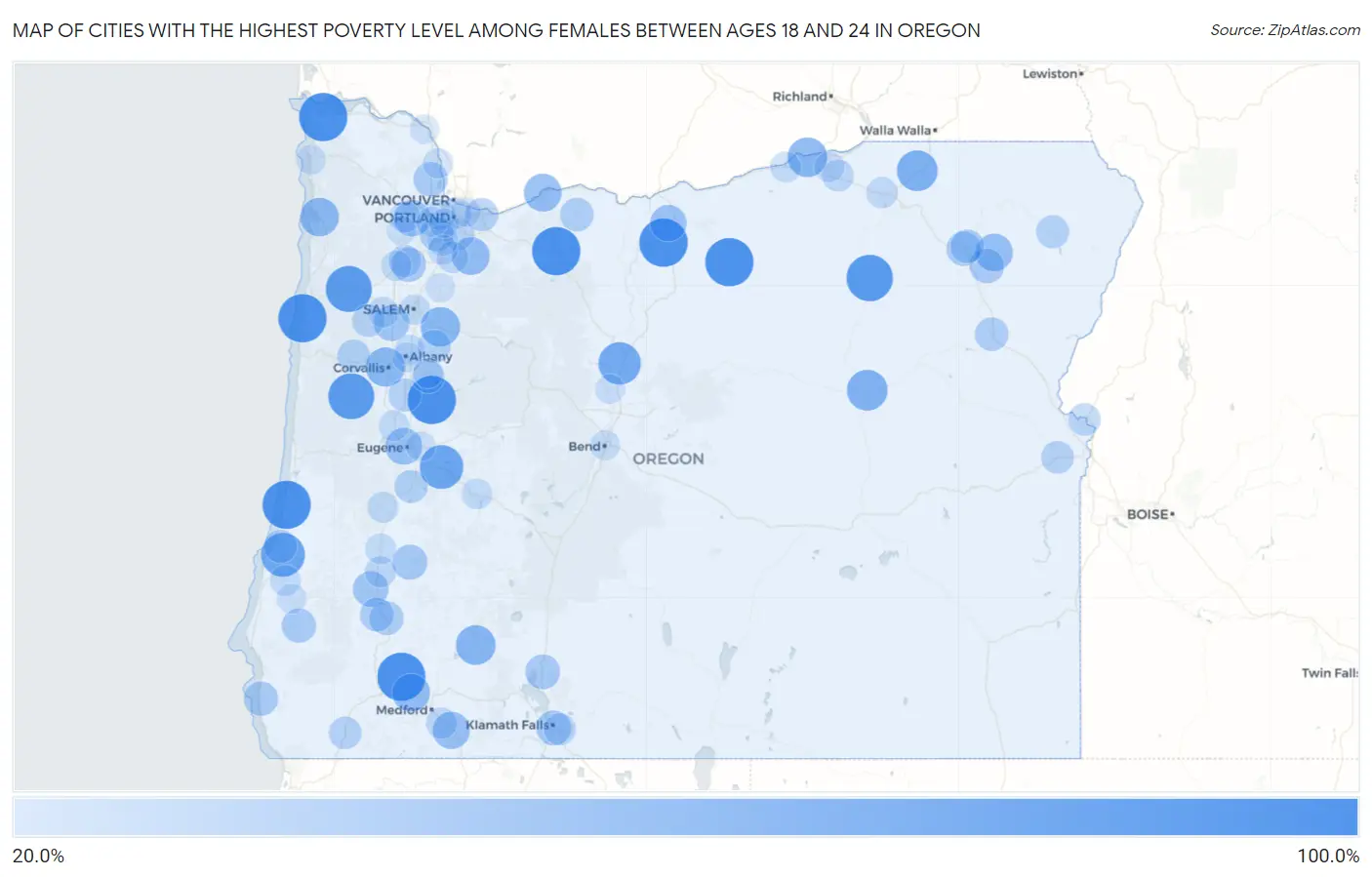 Cities with the Highest Poverty Level Among Females Between Ages 18 and 24 in Oregon Map