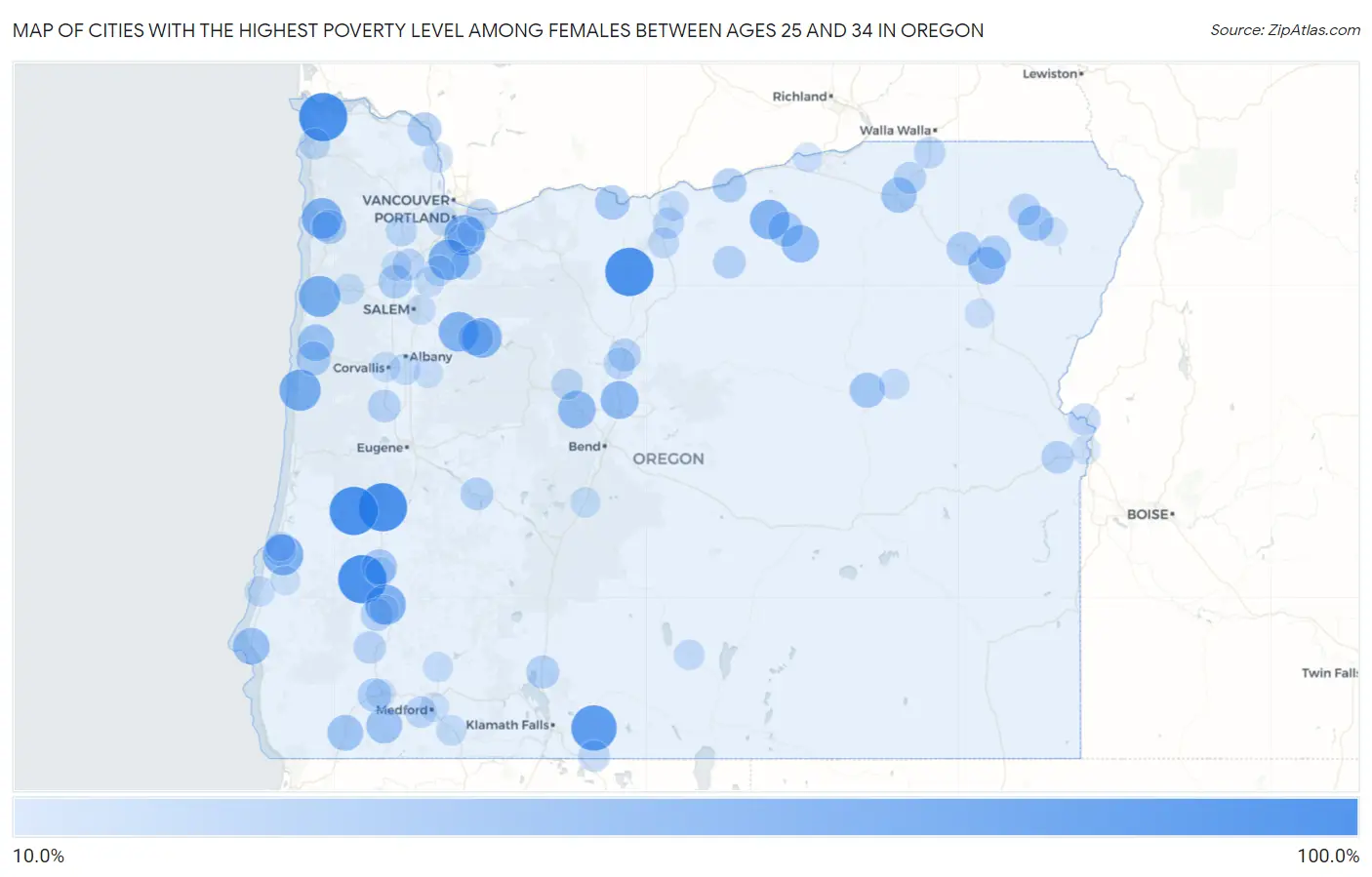 Cities with the Highest Poverty Level Among Females Between Ages 25 and 34 in Oregon Map