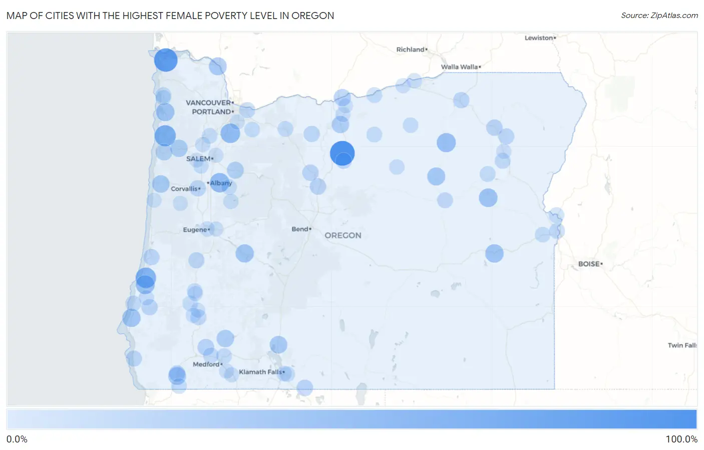 Cities with the Highest Female Poverty Level in Oregon Map