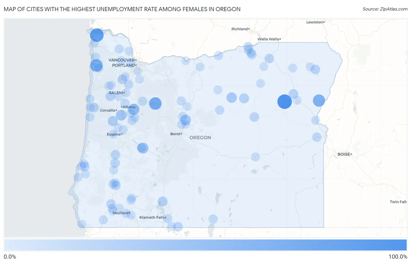 Cities with the Highest Unemployment Rate Among Females in Oregon Map