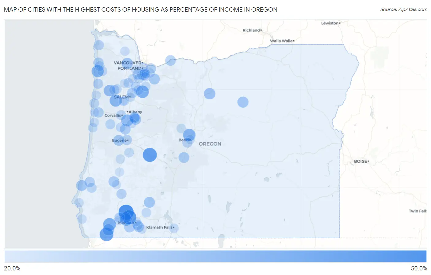 Cities with the Highest Costs of Housing as Percentage of Income in Oregon Map