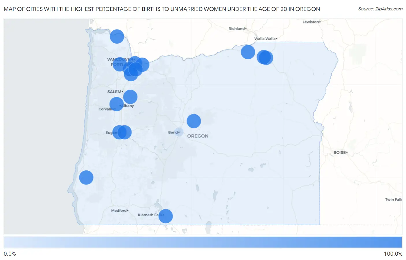 Cities with the Highest Percentage of Births to Unmarried Women under the Age of 20 in Oregon Map