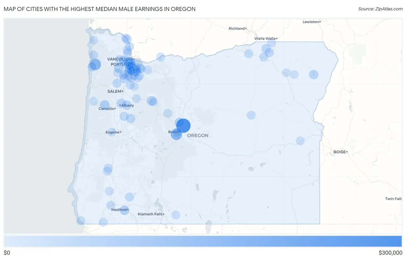 Cities with the Highest Median Male Earnings in Oregon Map