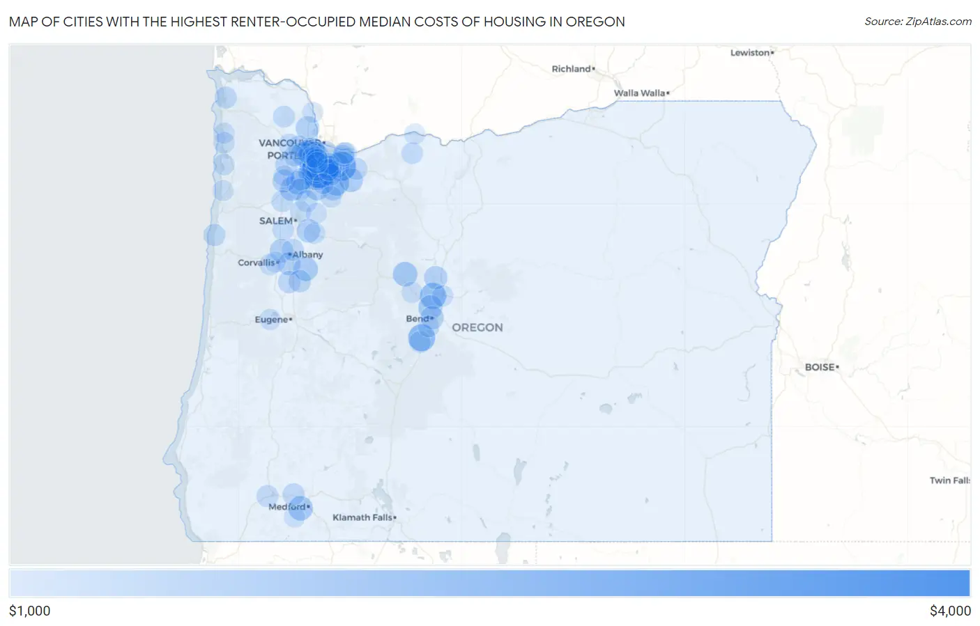 Cities with the Highest Renter-Occupied Median Costs of Housing in Oregon Map