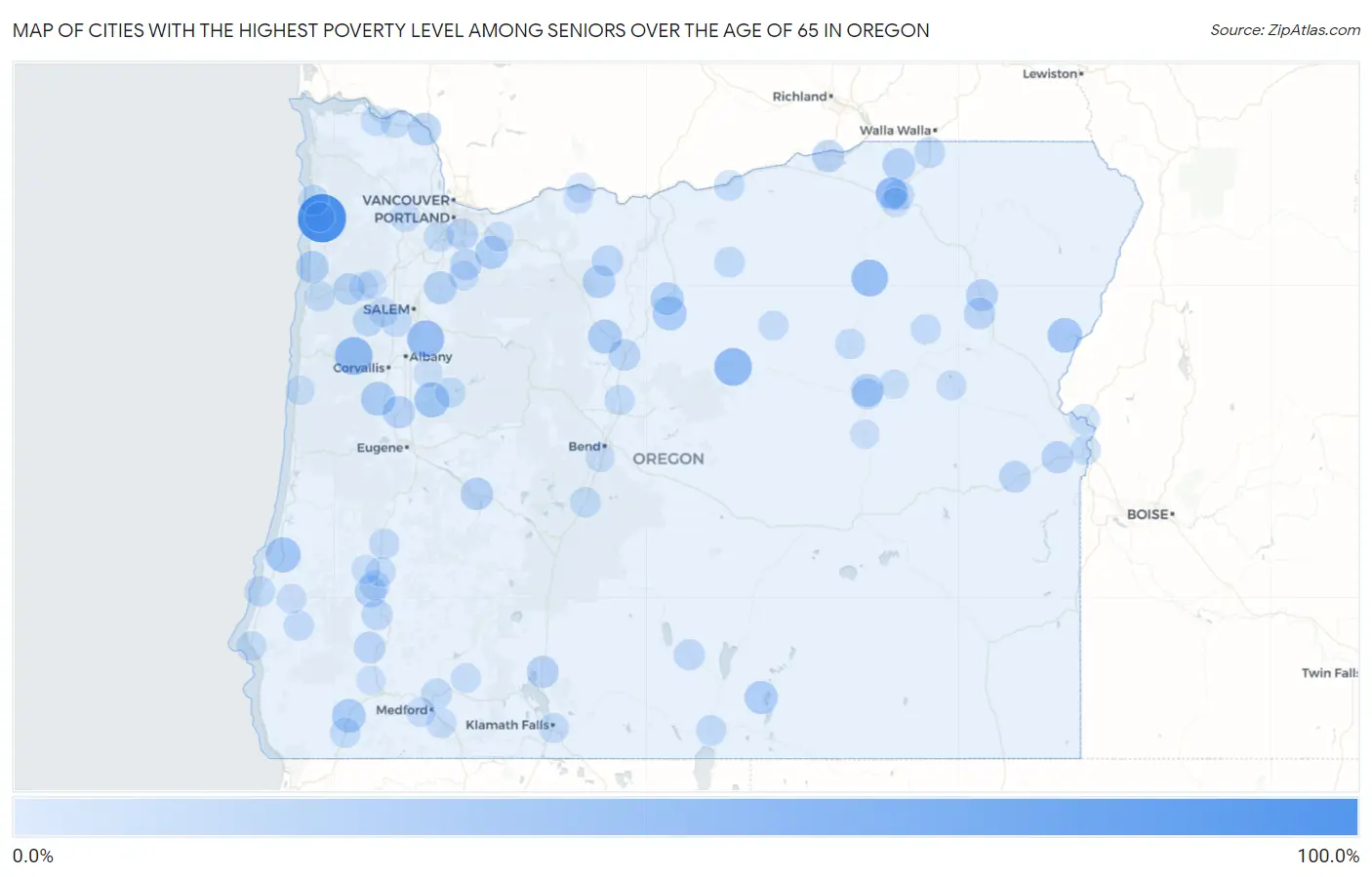 Cities with the Highest Poverty Level Among Seniors Over the Age of 65 in Oregon Map