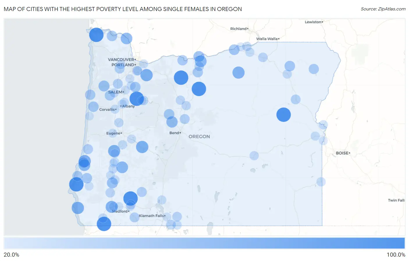 Cities with the Highest Poverty Level Among Single Females in Oregon Map