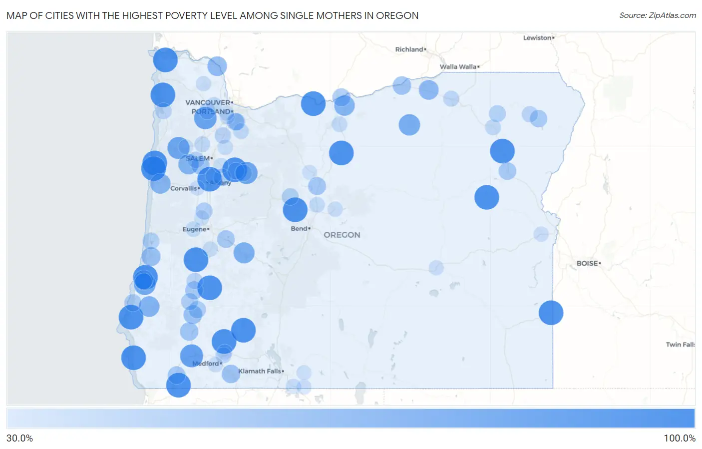 Cities with the Highest Poverty Level Among Single Mothers in Oregon Map