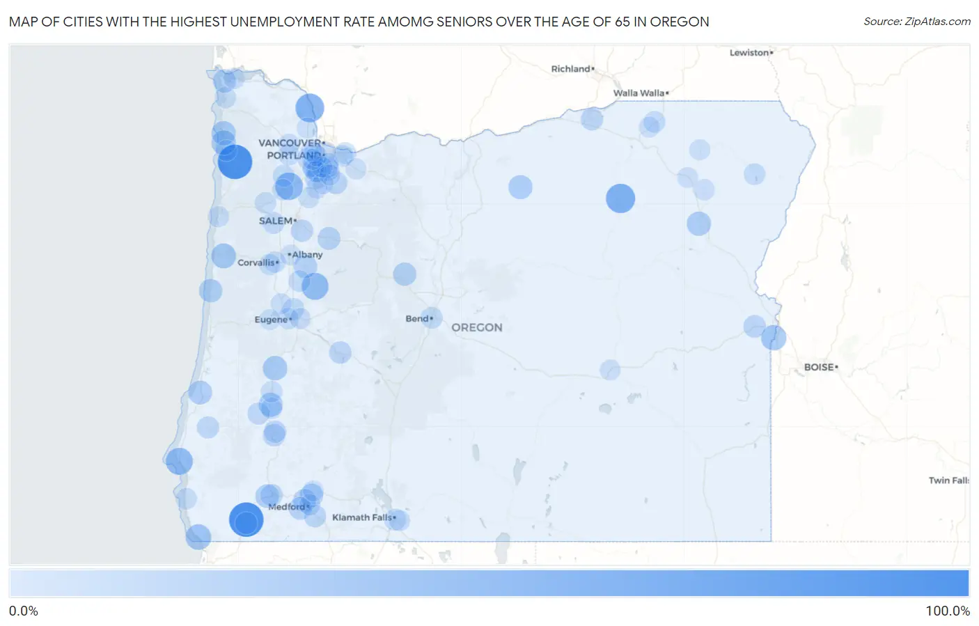 Cities with the Highest Unemployment Rate Amomg Seniors Over the Age of 65 in Oregon Map